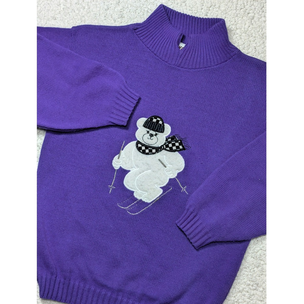 Knitwaves Girls Skiing Bear Graphic Orlon Acrylic Knit Sweater Purple S